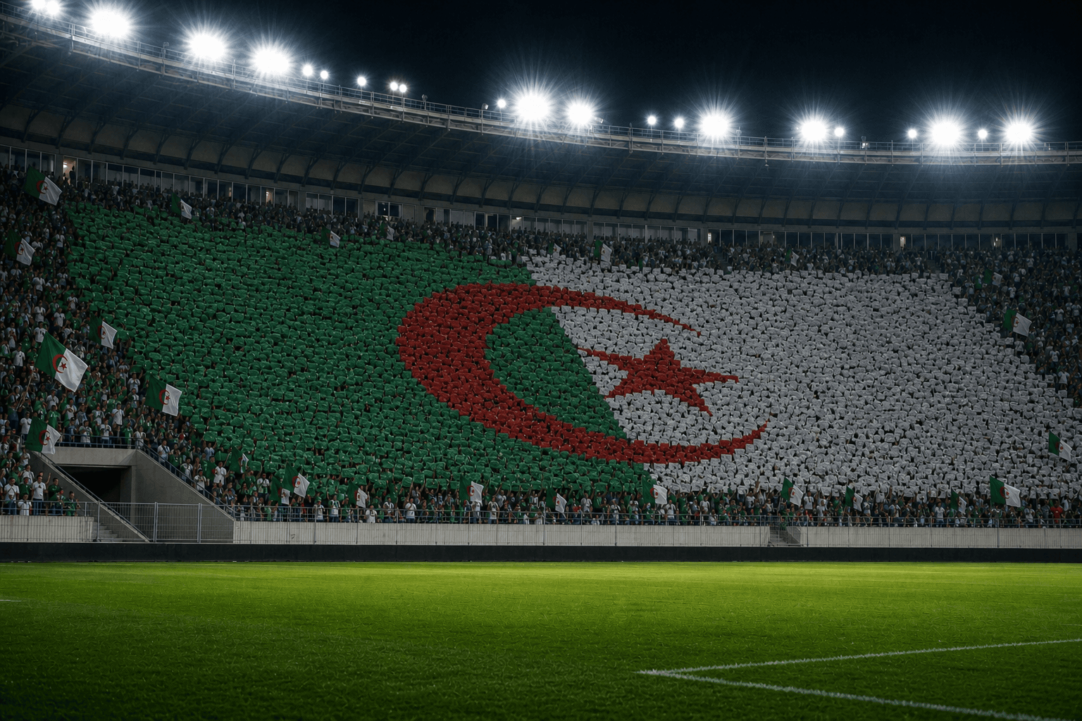 Estadio Stade du 5 Juillet em imagem autoral sem escudos ou marcas, para jogos da Argélia