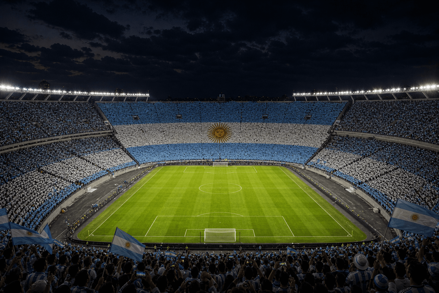 Estadio Monumental em imagem autoral sem escudos ou marcas, para jogos da Argentina