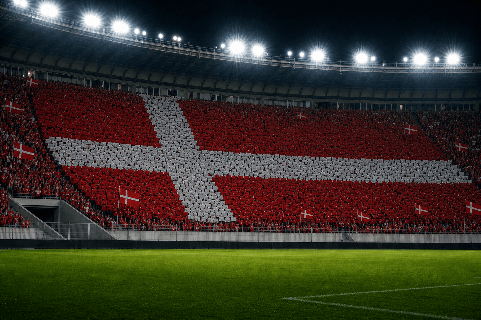 Estadio Parken Stadium em imagem autoral sem escudos ou marcas, para jogos da Dinamarca F