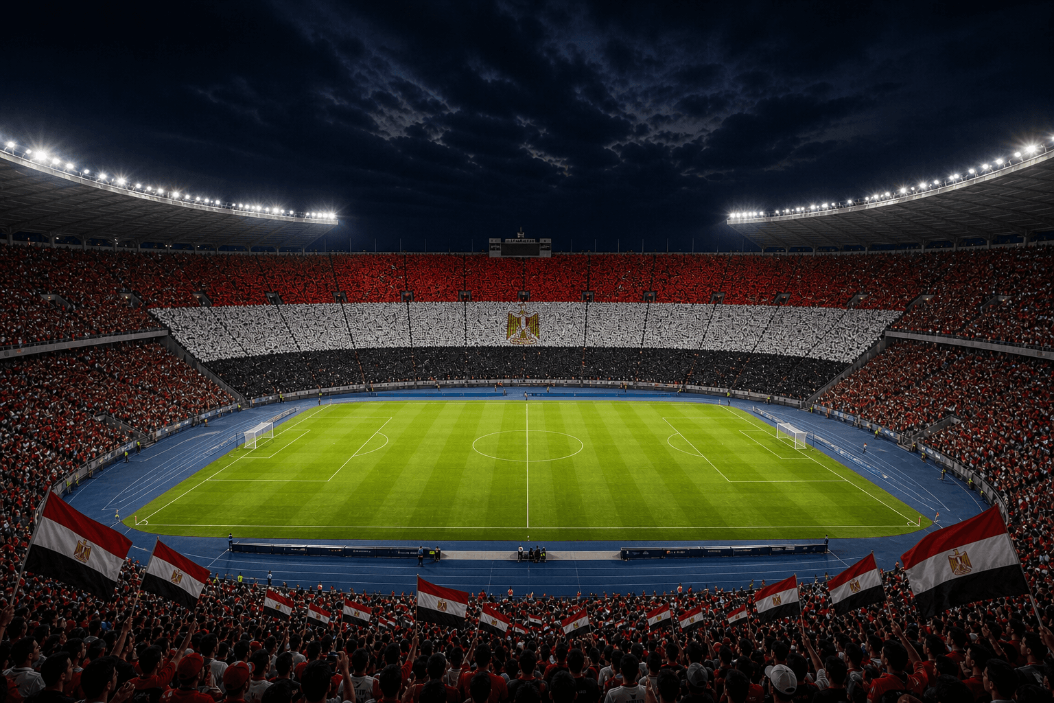 Estadio Cairo International Stadium em imagem autoral sem escudos ou marcas, para jogos do Egito