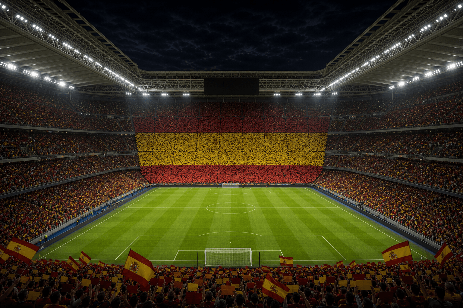 Estadio Santiago Bernabeu em imagem autoral sem escudos ou marcas, para jogos da Espanha F
