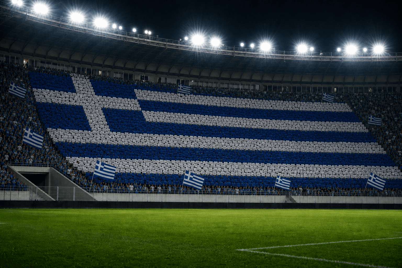 Estadio Olympic Stadium Athens em imagem autoral sem escudos ou marcas, para jogos do Grécia F