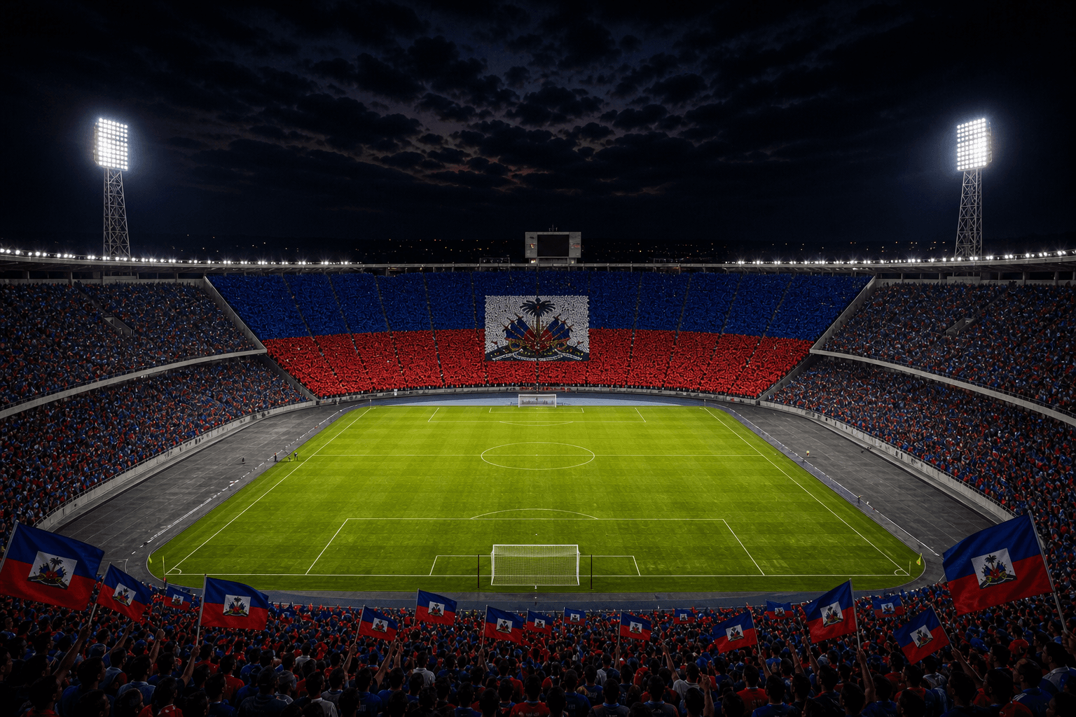 Estadio Stade Sylvio Cator em imagem autoral sem escudos ou marcas, para jogos de Haiti