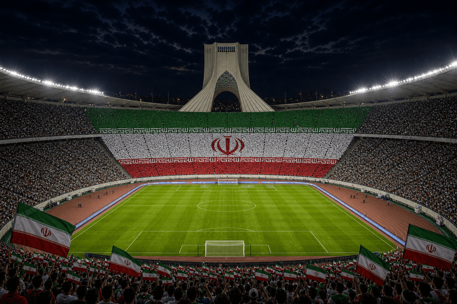 Estadio Azadi Stadium em imagem autoral sem escudos ou marcas, para jogos do Irã