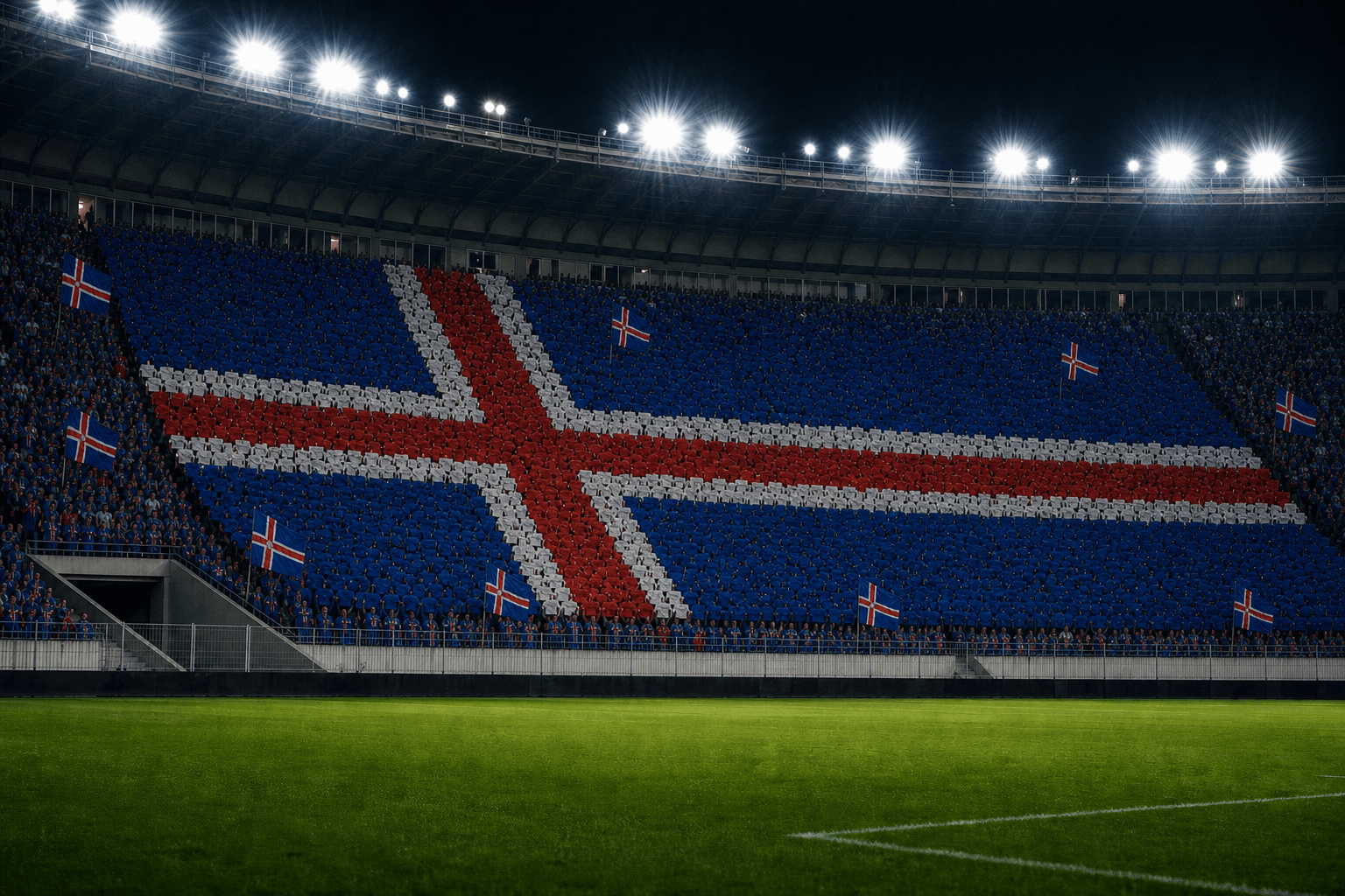 Estadio Laugardalsvollur em imagem autoral sem escudos ou marcas, para jogos do Islândia F