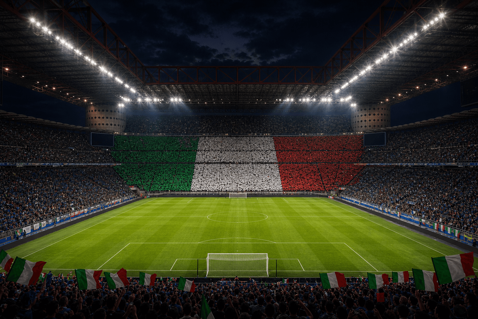 Estadio San Siro em imagem autoral sem escudos ou marcas, para jogos da Itália F