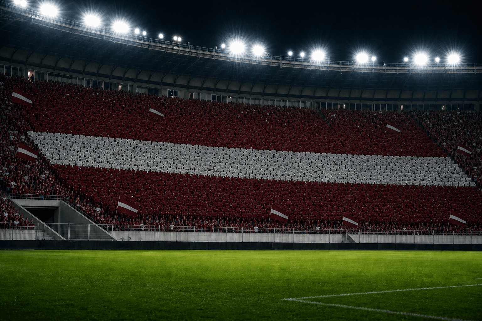 Estadio Daugava Stadium em imagem autoral sem escudos ou marcas, para jogos do Letônia F