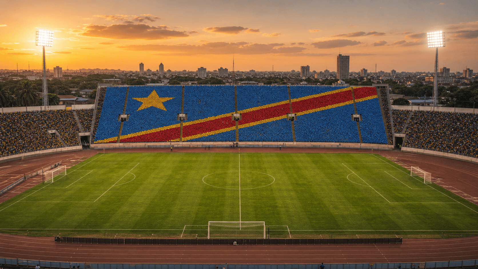 Estadio Stade des Martyrs em imagem autoral sem escudos ou marcas, para jogos da República Democrática do Congo