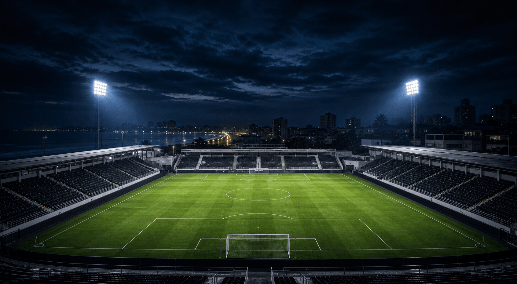 Estadio Vila Belmiro em imagem autoral sem escudos ou marcas, para jogos do Santos