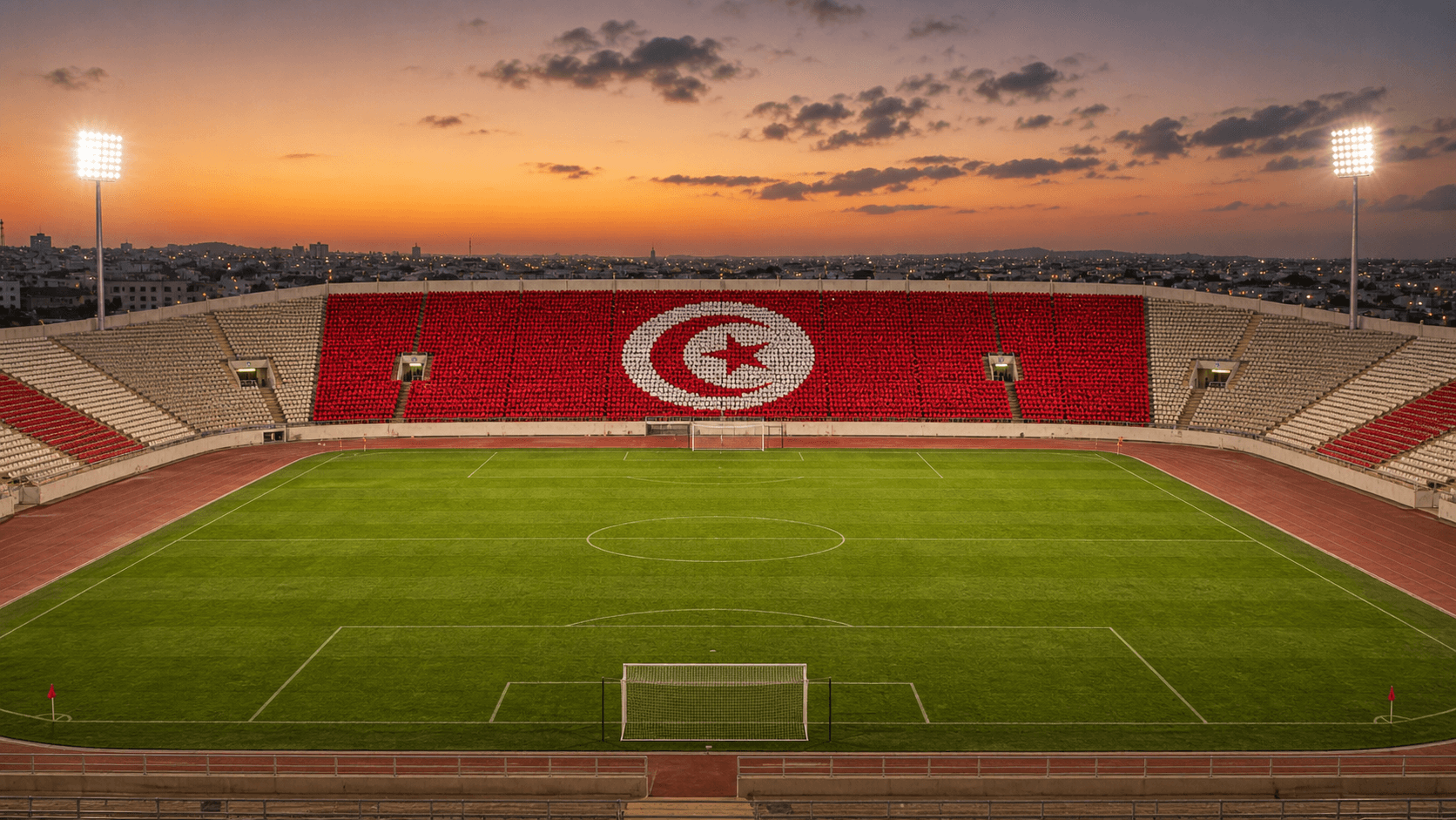 Estadio Hammadi Agrebi Stadium em imagem autoral sem escudos ou marcas, para jogos da Tunísia