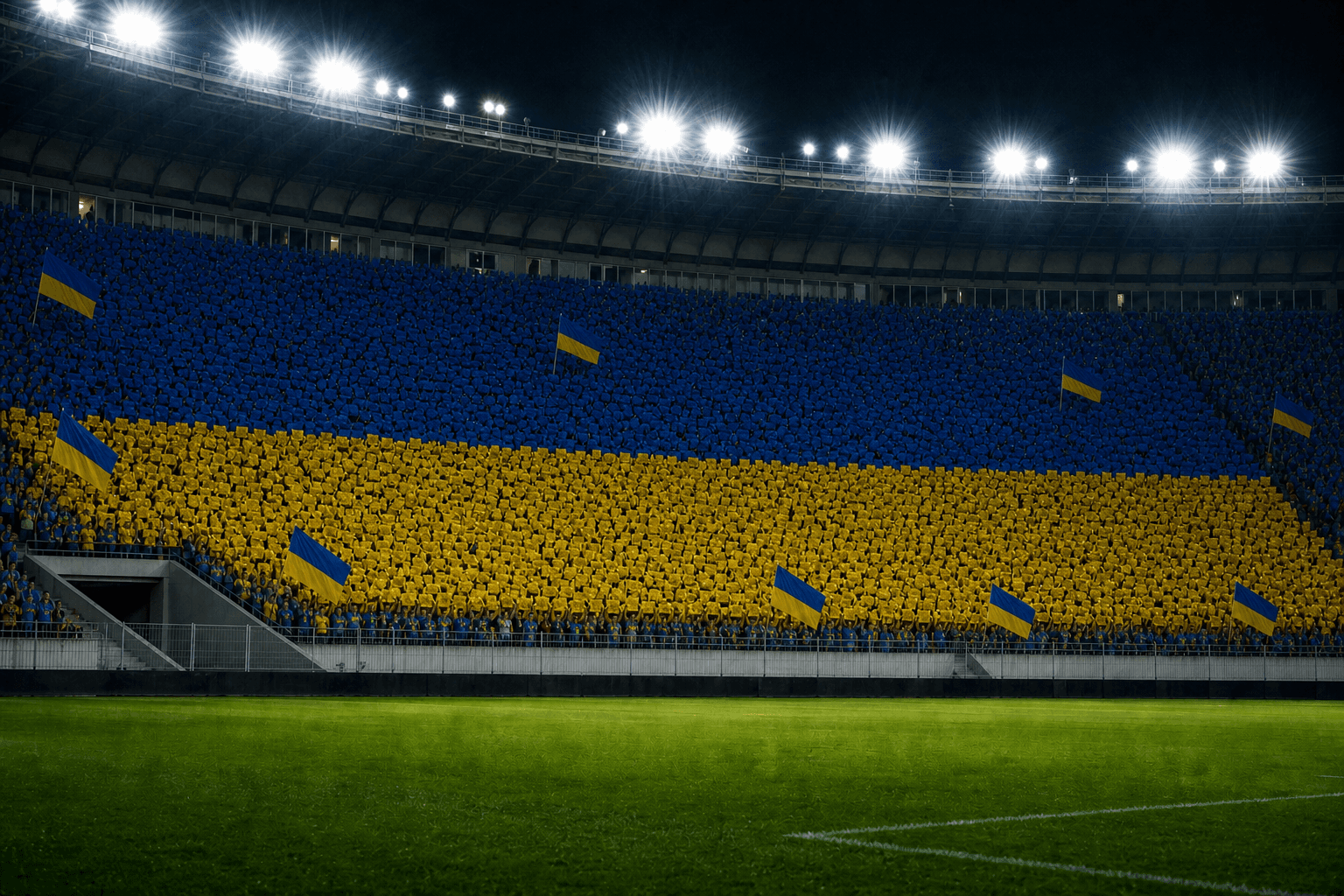Estadio NSC Olimpiyskiy em imagem autoral sem escudos ou marcas, para jogos do Ucrânia F