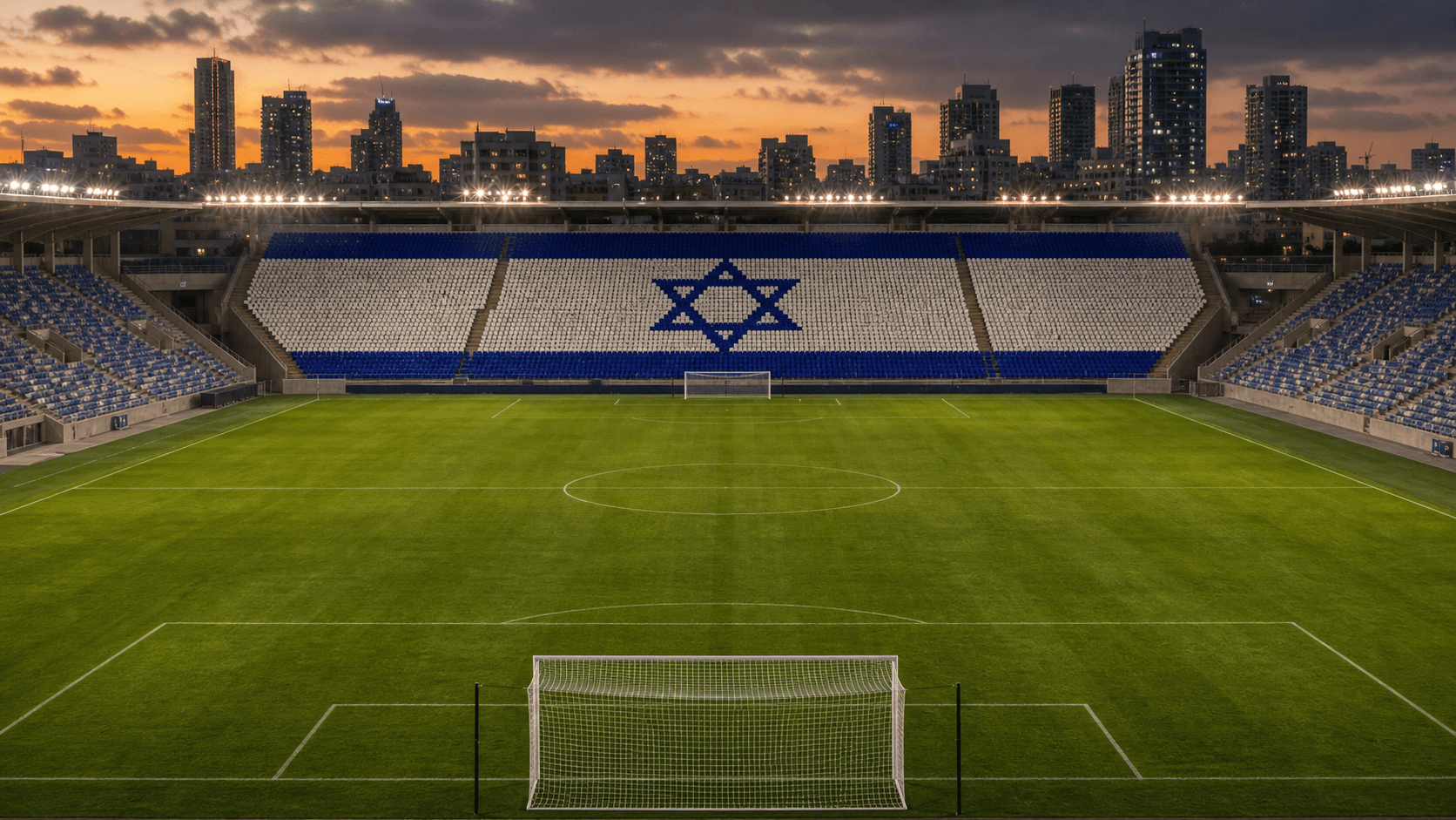 Estadio Bloomfield Stadium em imagem autoral sem escudos ou marcas, para jogos de Israel F